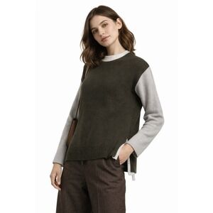 Tahari Colorblock Quarter Zip Sweater Small‎ Light Grey Olive Green Quiet Luxury